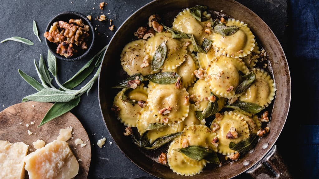 Pumpkin ravioli with sage brown butter